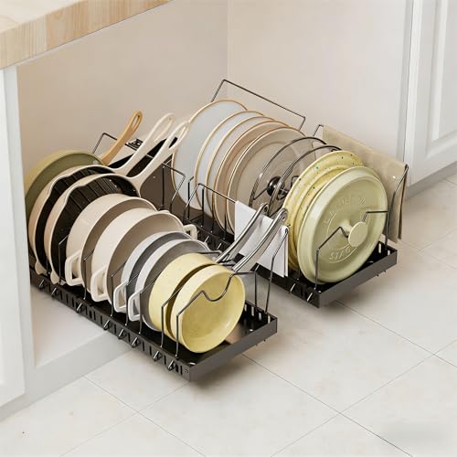 DTUQYX 2 Pack Pots and Pans Organizer - Expandable Pull Out Pot and Pan Organizer with 20 Adjustable Dividers for Kitchen,Smooth Sliding Inside Cabinet for Pot Lid,Cookware,Tableware - color: Greyish black