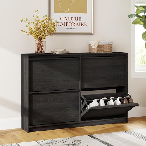 Shoe Cabinet with 4 Flip Drawers, Modern Narrow Shoe Storage Cabinet Organizer with Adjustable Shelf, Hidden Freestanding Shoe Rack for Entryway, Hallway, Living Room, Black - color: Black, size: 9.45"D x 47.24"W x 31.5"H(4 drawers)
