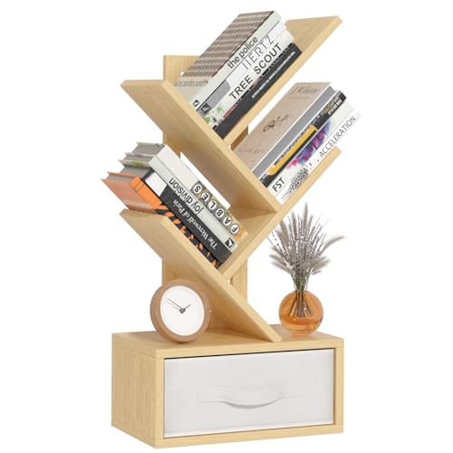 SHEEPAM Small Book Shelf with Drawer,4 Tier Black Tree Bookshelf,Wooden Desktop Bookcase,Modern Desk Display Storage Bookshelves,Floor Standing Organizer Bookcases for Living Room,Bedroom,Office - color: Natural, size: 4 Tier