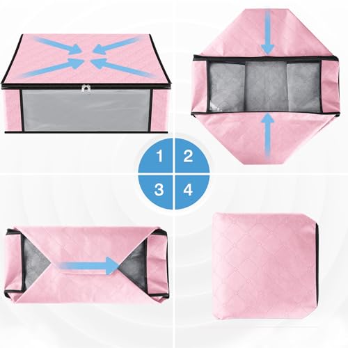HomeHacks Storage 3-Pack Clothes Organizer Storage Bags Foldable Storage Box with Large Clear Window Sturdy Handles for Closet, Dorm, Pillows, Bedding, Clothes, Blankets, 35L, Pink - color: Pink