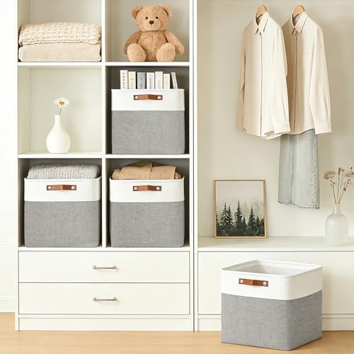 Bagnizer 13x13 Cube Storage Bins, Collapsible Fabric Storage Box, 4 Pack Closet Baskets with Handles for Organizing, Shelf, Toys, Clothes, Home, Office, Nursery (Grey&White) - color: Gray / Off-White, size: Cube - 13"x13"x13"
