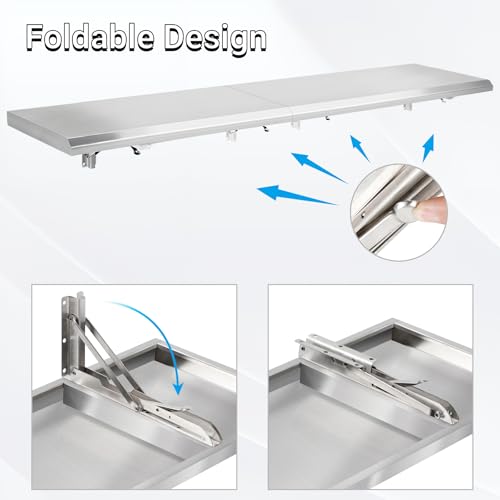 Concession Shelf Drop Down 18" x 96", Spliced Style Folding Concession Stand Shelf Commercial Grade Stainless Steel, Foldable Concession Shelves for Snack Bar, Food Cart, Movie Theater - size: 18" x 96"
