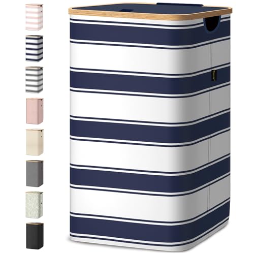 BALEINE Laundry Hamper with Lid, Tall Laundry Baskets with Bamboo Pull Handles, Large Laundry Bin with Internal Support (18 Gal/70L, Blue Stripe) - color: Blue Stripe, size: 70 liters