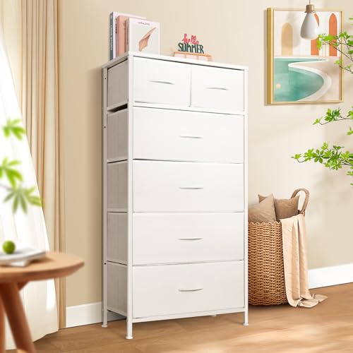Mifuro Tall Dresser for Bedroom, Vertical Storage Organizer Tower with 6 Drawers, Chest of Drawers with Fabric Bins, Steel Frame, Wood Top for Bedroom, Closet, Entryway- White - color: White, size: 6 Drawers