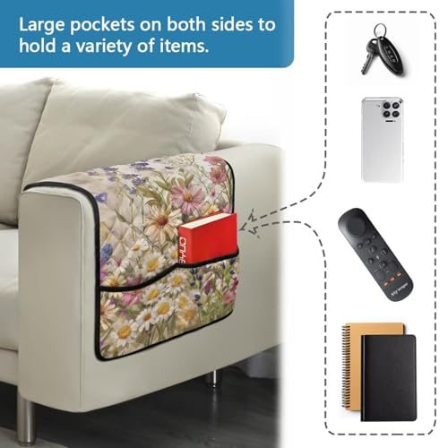 Butterfly Daisy Lavender Print Couch Arm Covers Dust Proof Recliner Armrest Organizer Polyester Sofa Arm Covers with 2 Side Storage Pocket for Magazine, Remote, Phone, Books - color: Butterfly Daisy Lavender