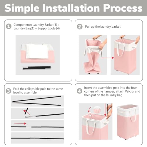Goodpick Laundry Basket with Wheels 2-Pack, 75L Tall Clothes Hamper, Large Laundry Basket with Removable Wash Bag for Corner Dorm, Rolling Hamper, Pink&White - color: Pink & White 2-Pack