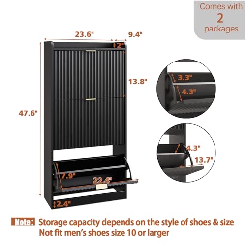 Black Fluted Shoe Cabinet with 3 Flip Drawers, Narrow Shoe Storage Cabinet for Entryway, Freestanding Shoes Rack Organizer Cabinets with Adjustable Shelves for Entryway, Hallway - color: Black, size: 3-Drawers