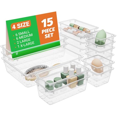 SpaceHacks 15 PCS Clear Plastic Drawer Organizer Set, 4-Size Acrylic Drawer Storage Trays, Storage Bins for Makeup, Gadgets, and Jewelry in Bathroom, Bedroom and Office, Clear - color: Clear