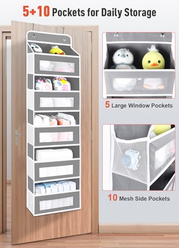 Over The Door Organizer Storage, 5 Shelf Hanging Door Organizer with 10 Large Capacity Pockets, Anti Tilt 44 lb Load Behind Door Storage for Bedroom, Bathroom, Pantry, Nursery, (Grey) - color: Grey, size: 1 Pack