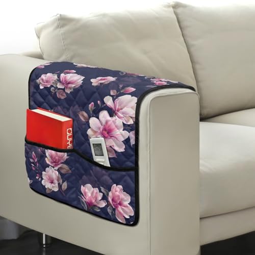 Purple Magnolia Print Sofa Arm Slipcover Non-Slip Diamond Pattern Armchair Slipcovers with 2 Pockets for Books Remotes, Stain Resistant Furniture Protectors Modern Home Decor - color: Purple Magnolia