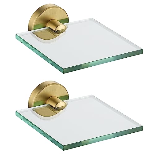 JQK Small Floating Glass Shelves Gold, 4 Inch Display Ledges for Wall, Mini Decor, Living Room Bedroom Bathroom, Tempered Glass Shower Storage, 2 Pack, TGS101L4-BG-P2 - color: Gold, size: 4 Inch (2 Pack)
