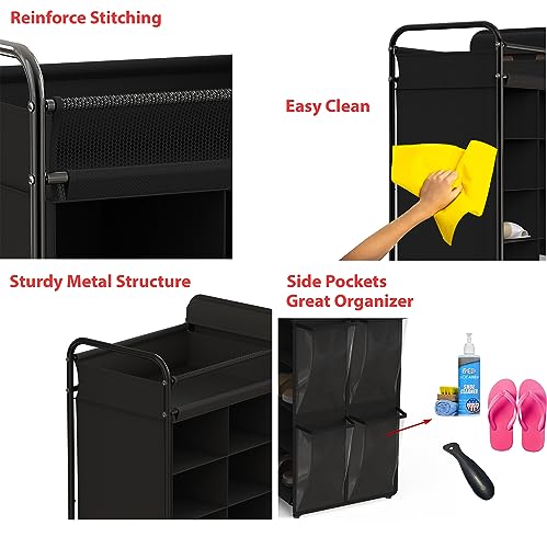 Simple Houseware 16 Cube Shoe Stand Tower Rack 8 Tier with Top Shelf and Side Hanging Pockets, Black - color: Black