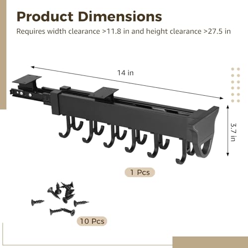 Homaisson Pull Out Hanging Pot Rack, 12-Hook Extendable Sliding Rail Organizer, Metal Pull Out Pan Rack for Under Cabinet, Adjustable Pot Pan Organizer, Multi-Use for Cupboard Closet