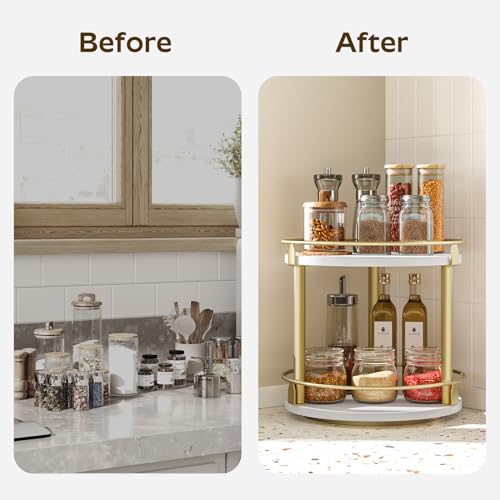 YATINEY Lazy Susan Organizer, Rotating Spice Rack, 2 Tier Spice Turntable Organizer, Industrial Turntable Spice Holder, for Kitchen Countertop and Cabinet, Compact and Versatile, White and Gold SR22DW - color: White + Gold, size: 10.2"L x 10.2"W x 11"H