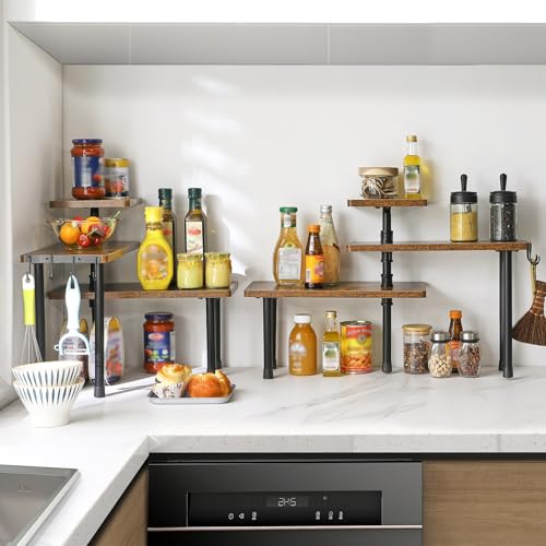IBUYKE Kitchen Countertop Organizer,3-Tier Wooden Spice Racks,Bathroom Counter Organizer，Rotating Adjustable,4 Side Hooks,Corner Shelf for Kitchen,Coffee Bar, Cabinet, Desk,Rustic Brown,TLJ023H - color: Brown, size: 1 pack (Improved)