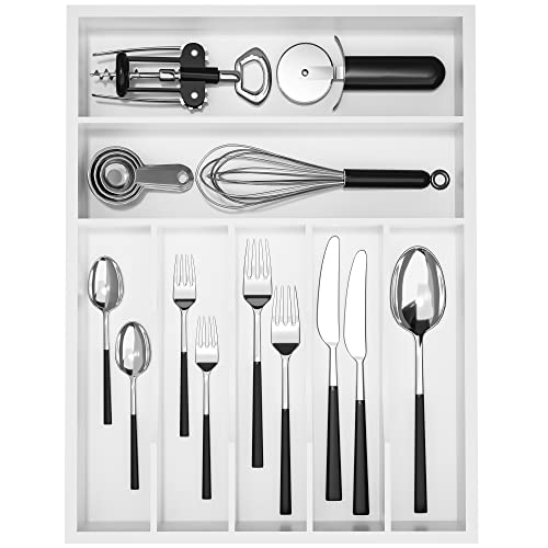 Utensil Organizer Silverware Drawer Organizer - 7 Slots Bamboo Cutlery Organizer Multi-Purpose Silverware Divider for Kitchen Flatware, Hair Accessories, Repair Tools, Art Set W13”x L17” (White) - color: White, size: 7 Slot