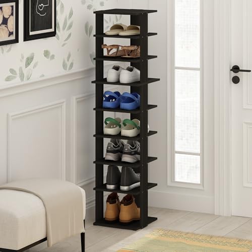 Furinno Compact Vertical Shoe Rack, 9-Tier Narrow Shoe Organizer, Free Standing Shoe Storage, Shoe Shelf for Boots, Sneakers, 12 x 12.6 x 51, for Closet, Entryway, Office, Garage, Espresso - color: Espresso, size: 9-tier, 51.2 Inch