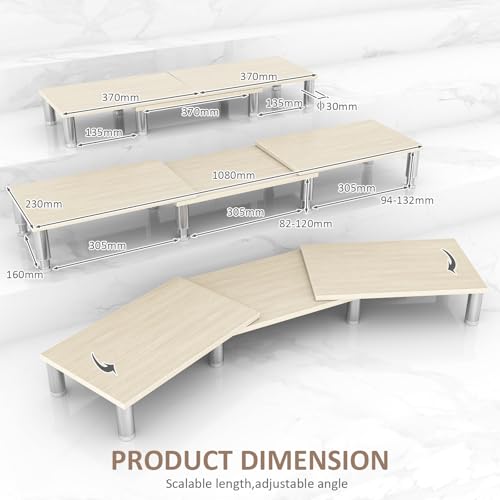 AX Waber Dual Monitor Riser - Adjustable Length & Angle, Wooden Stand for 2 Monitors with Storage - color: Light
