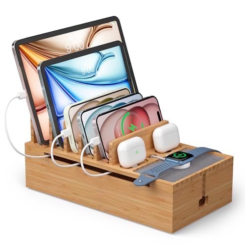 Pezin & Hulin Bamboo Charging Stand Rack, Wooden Charge Box for Mobile Phones, Tablets, Smart Watch and Earbuds, Wire Cable Organizer Box, Bedside Dock Stand Holder (NO Power Adapter Supply) -Natural - color: Natural (No Charger)