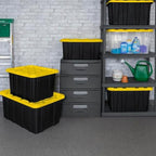 Sterilite 4-Pack 27 Gallon Industrial Storage Tote, Heavy-Duty Plastic Bins, Black/Yellow - Stackable Utility Organizers with Lids for Garage, Camping Tools, and Outdoor Gear - size: 27 Gallon - Black/Yellow