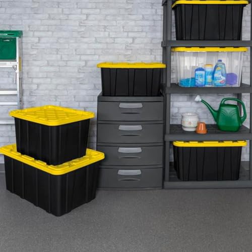 Sterilite 4-Pack 27 Gallon Industrial Storage Tote, Heavy-Duty Plastic Bins, Black/Yellow - Stackable Utility Organizers with Lids for Garage, Camping Tools, and Outdoor Gear - size: 27 Gallon - Black/Yellow