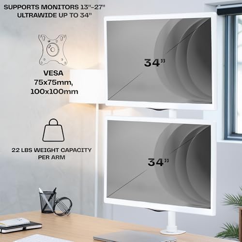 VIVO Dual Monitor Desk Mount Stand with Height Adjustment and VESA Plates for 2 LCD Ultrawide Screens up to 34 inches, Stacked Array, STAND-V002RW - color: White, size: up to 34" screens
