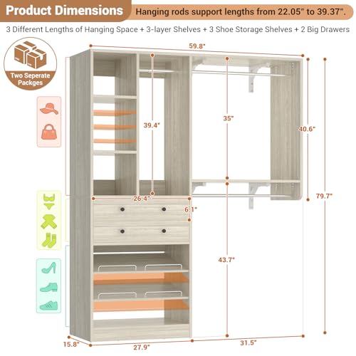 Besiost Closet System - 60"/92" Closet System with Drawers, 5FT/7.67FT Closet Organizer System with Reversible Hanging Shelving and Hanging Rods, for Small/Walk-in Closets, Greige Oak - color: Greige Oak, size: 5FT
