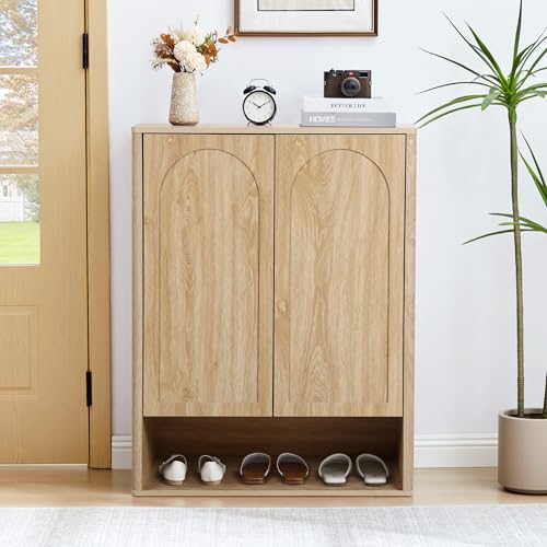 Shoe Cabinet, 5 Tier Wooden Shoe Storage Organizer Cabinet with Adjustable Shelves, Shoes Rack Accent Cabinet for Entryway Hallway Living Room, Natural - color: Natural