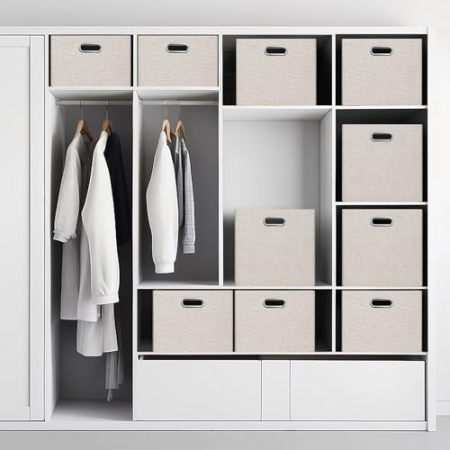 Posprica Closet Storage Bins, 4 Pack Large Closet Shelf Organizers, Linen Fabric Decorative Storage Baskets for Organizing, Foldable Storage Box for Clothes, Toy, 16.5x12x10.25 Inch (Beige) - color: Beige, size: 16.5Lx12Wx10.25H
