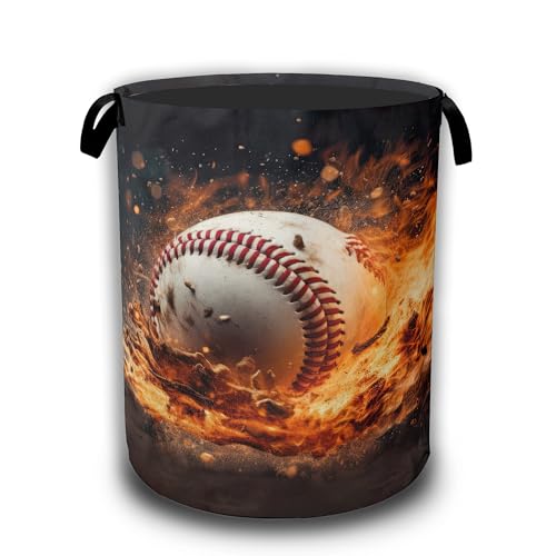 Sport Baseball Ball In Fire Laundry Hamper, Collapsible Laundry Baskets Waterproof Oxford Cloth With Handles,Clothes Storage Bucket Toy Organizer For Bathroom/Nursery/Bedroom 16" x 20.8" - color: Sport Baseball Ball In Fire