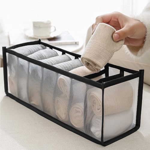 Underwear Storage Organizer, 7-Compartment Foldable Drawer Divider for Home, Closet, and Travel Use, Mesh Fabric Underwear Organizer Box (Black) - color: 1 Black