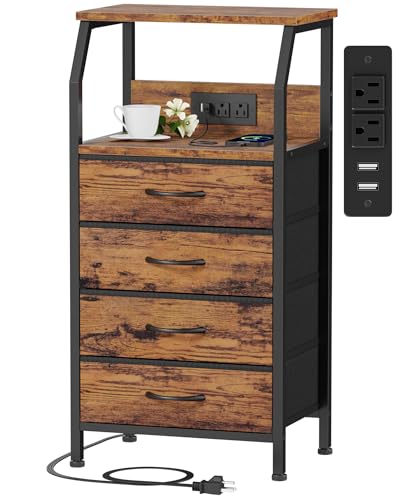 Furnulem Night Stand with Charging Station, Small Dresser with 4 Fabric Drawers, 33.3 Inch Tall Bedside Table, Storage Tower for Closet, Entryway, Bedroom Furniture, 3 Ways to Use, Rustic Brown - color: Rustic Brown, size: 4 Drawer