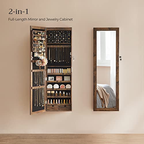 SONGMICS 6 LEDs Mirror Jewelry Cabinet, 47.2-Inch Tall Lockable Wall or Door Mounted Jewelry Armoire Organizer with Mirror, 2 Drawers, 3.9 x 14.6 x 47.2 Inches, Rustic Brown UJJC93CB - color: Rustic Brown