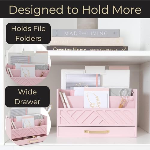 BLU MONACO | Pink Desk Organizers Wooden Mail Organizer with Drawer | Mail Sorter Organizer Countertop Gold Handle | Desk Organizers and Accessories Pink Office Storage - color: Pink