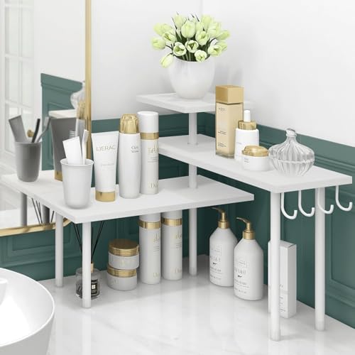 Homode Kitchen Countertop Organizer Corner Shelf, Bathroom Counter Organizers and Storage, 3 Tier Wood Shelf Organizer Space Saver for Make Up, Dresser Table, Desktop, White - color: White, With Hooks