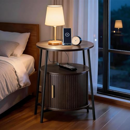 Round End Tables with Drawer: Fluted Side Table with Charging Station, Mid-Century Modern Nightstand with Sliding Door for Small Space Storage, Living Room, Bedroom - color: Dark Walnut, size: 1 PACK