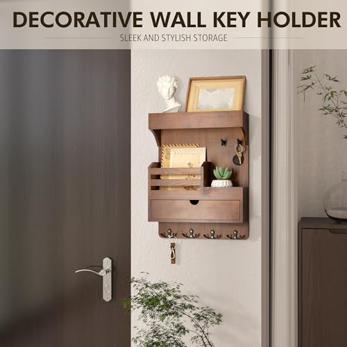 Rebee Vision Farmhouse Key Holder Wall Mount with Drawer Organizer – Pine Wooden Mail and Key Organizer for Wall with 6 Sturdy Hooks & Floating Shelf – Perfect for Retro Living Room Decor (Brown) - color: Brown, style: Large Drawer