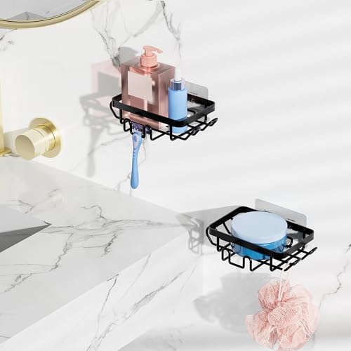 KEGII EXTRA Soap Holders x2 Shower Caddy Hanging, Never Rust Over Showerhead Organizer, Built in 9 Shaver Hanging hooks - style: Hanging Shower Caddy-5 Pack (Black)