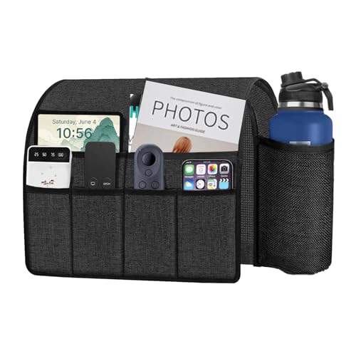 Ntomtuex Sofa Armchair Caddy Remote Control Holder with Water Bottle for Couch Recliner, Armrest Organizer with 7-Pocket Design for Magazines, Eyeglasses, iPad, Phone, Dark Grey - color: Dark Grey