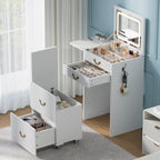 FURSUN 3-in-1 Vanity with Flip Mirror & Lights, Fluted Compact Vanity Table with 3 Drawers, Storage Compartment and Rolling Stool, Modern Small Makeup Vanity for Bedroom, Powder Room, Solid White - size: 15.7"D x 18.2"W x 46.9"H, style: White