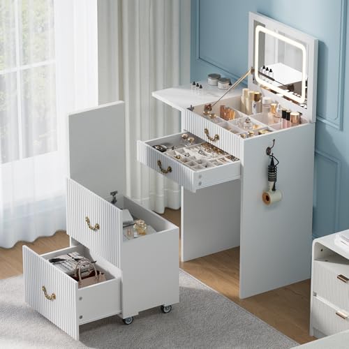 FURSUN 3-in-1 Vanity with Flip Mirror & Lights, Fluted Compact Vanity Table with 3 Drawers, Storage Compartment and Rolling Stool, Modern Small Makeup Vanity for Bedroom, Powder Room, Solid White - size: 15.7"D x 18.2"W x 46.9"H, style: White
