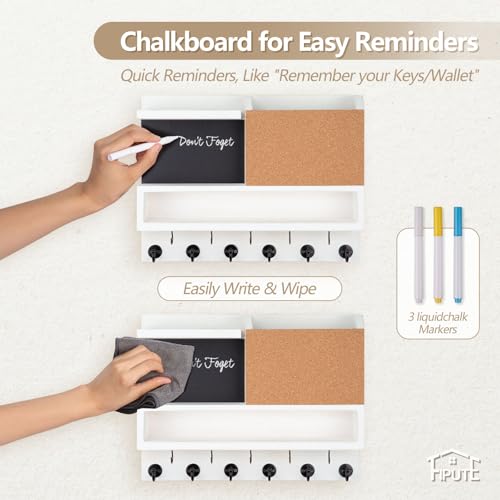 Key Holder for Wall Mount with Mail Organizer, Farmhouse Key Holder for Wall with Shelf, Chalkboard&Corkboard, Entryway Organizer 11 Metal Hooks, Decorative Natural Pine Wood, 14.6*11.1*3.3”, B-White - color: White-b