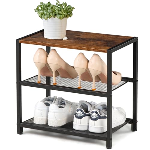 3-Tier Wooden Shoe Rack with Metal Mesh Shelves - for Entryway, Closet, Hallway & Bedroom Holds 6 Pairs, Ideal for Storage or Display - size: 17"D x 10.24"W x 15.75"H