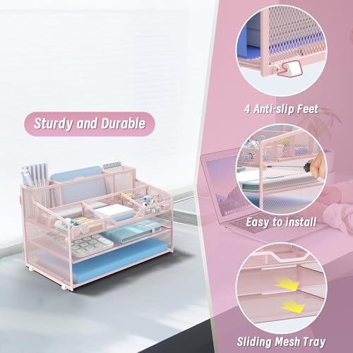 3 Tier Mesh Desk Organizer,Multi Functional Letter Paper Tray with 3 Pen Holders and 5 Adjustable Storage Compartments for Office Supplies Files and Mail Space Saving Desktop Organizer-Pink - color: 3 Tier-pink