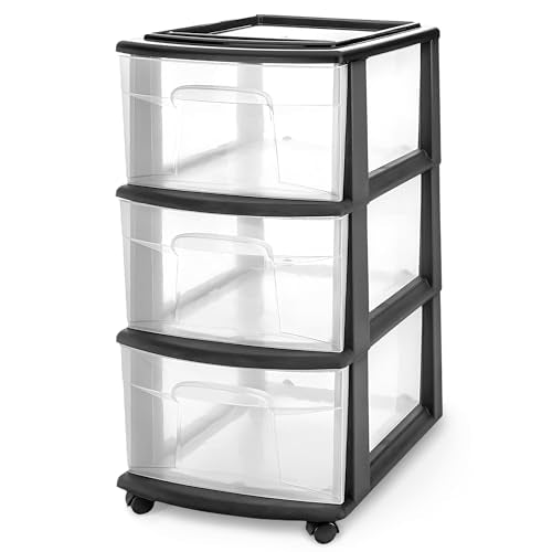 HOMZ Drawer Tower, 3-Tier Clear Plastic Storage Organizer Cart, Black Frame – Organizing Containers with Wheels for Home, Bathroom, Bedroom, Office, and Classroom - color: Black, size: 1 Pack