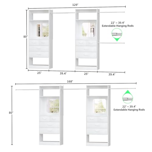 Unikito Closet Systems, 6-14FT Walk in Closet Organizer with 8 Drawers and Mirror, 168" Large Wood Closets Insert with Tower, Sturdy Wardrobe Closets Garment Rack with Extendable Hanging Rods, White