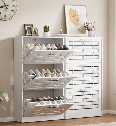 White Shoe Cabinet Storage with 6 Flip Drawers for Entryway, Slim Shoe Rack Cabinet with Woven Design Drawers, Narrow Shoe Organizer for Hallway, Apartment (White, 6 Drawers) - color: White, size: 6 Drawers