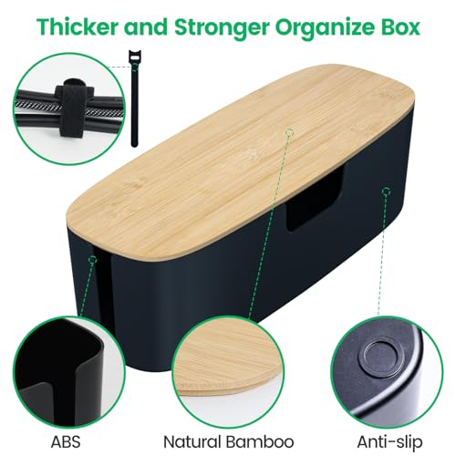 Large Cable Management Box - Cord Organize Box with Bamboo lid for Safe Home & Office, Cord Hider for Power Strip Under Desk, Cover TV Wires, Child & Pet Proof Cord Box, Black
