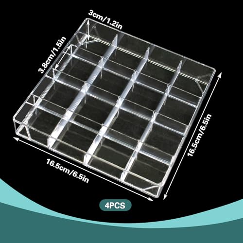 4 PCS Stackable Jewelry Organizer Tray, Plastic Storage Box with 16 Mini Grid (1.57''), Clear Organizer Tray for Drawer Dresser Vanity Desk, Jewelry Storage Box for Necklaces Bracelets Rings Earrings
