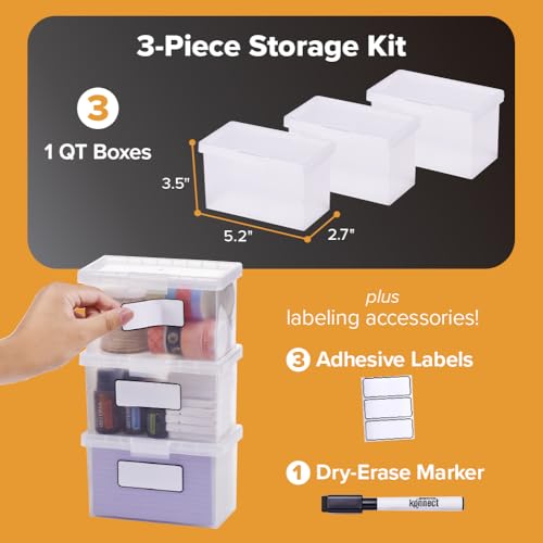 Bostitch Konnect Storage Containers with Lids, Office Organizer, Clear Plastic Box, Stackable for Index Cards, Labels, 1 Qt, 3 Pack - size: 3-Pack